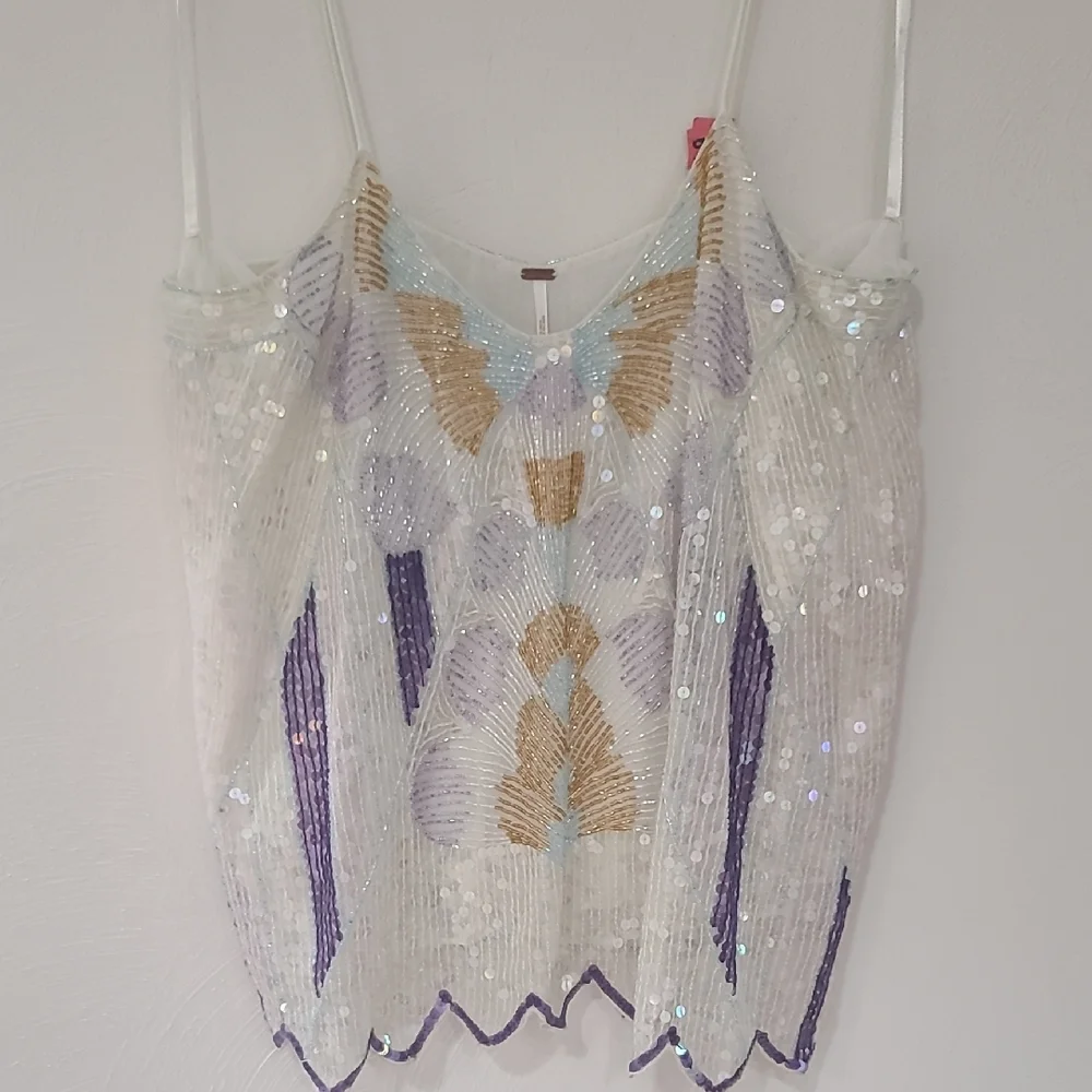 Free People White Sequin Beaded Tank Top with Lavender and Gold Accents - Picture 1 of 4